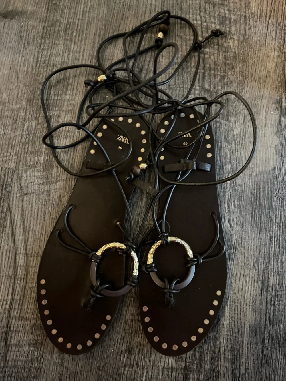 Zara Black Lace-Up Sandals with Gold Ring Detail - Picture 1 of 1